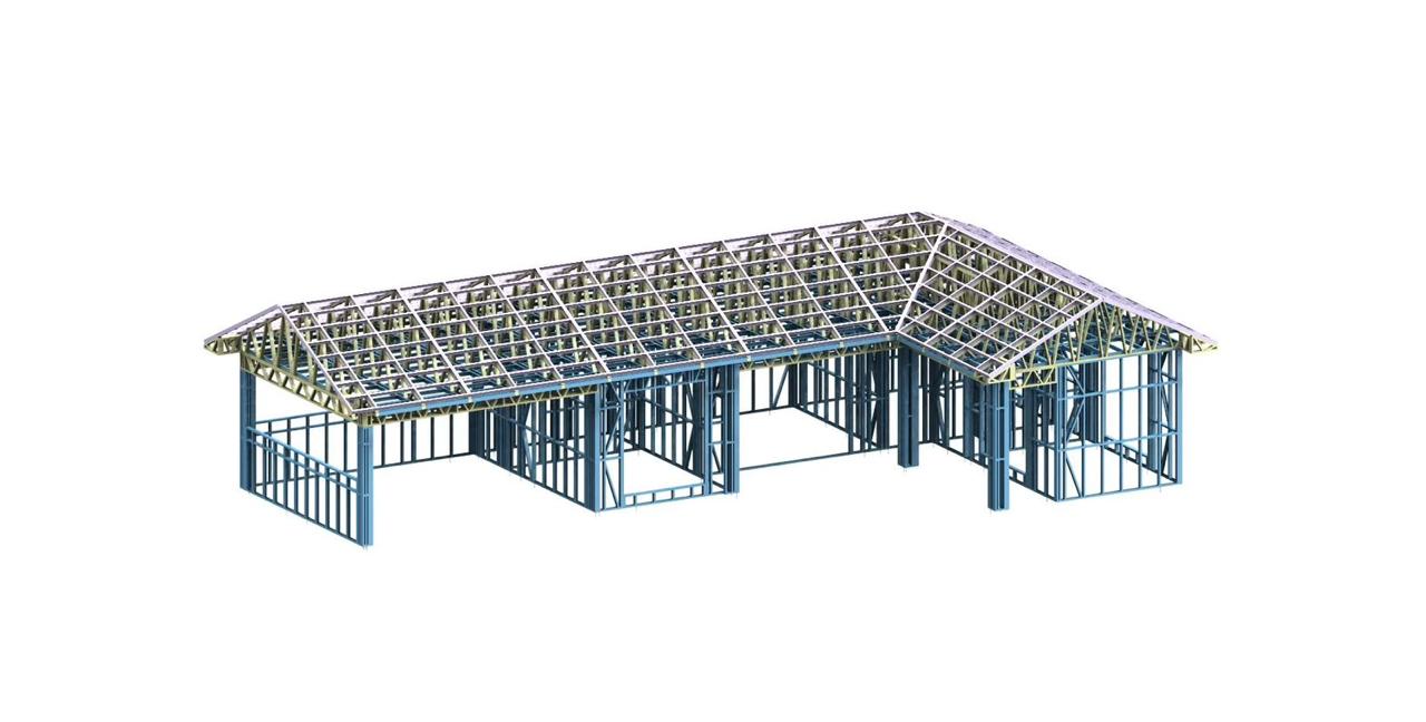 Model 3 reference sketch: L-shaped steel-frame pavilion with intersecting pitched roofs and a recessed entrance