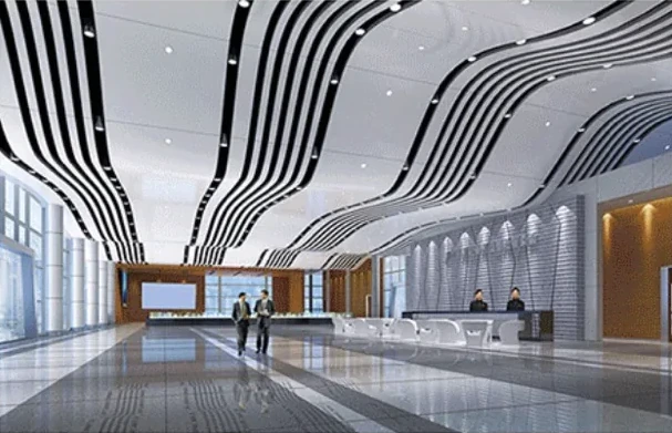 Lobby interior with linear aluminium ceiling details