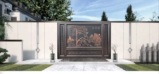 Decorative aluminium entrance with a landscape panel
