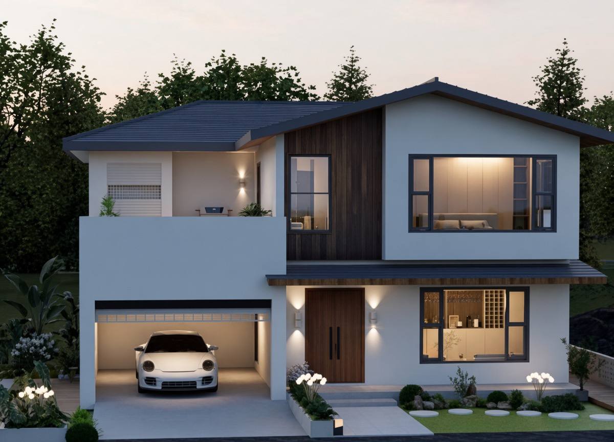 Two-storey modular family home concept with warm evening lighting