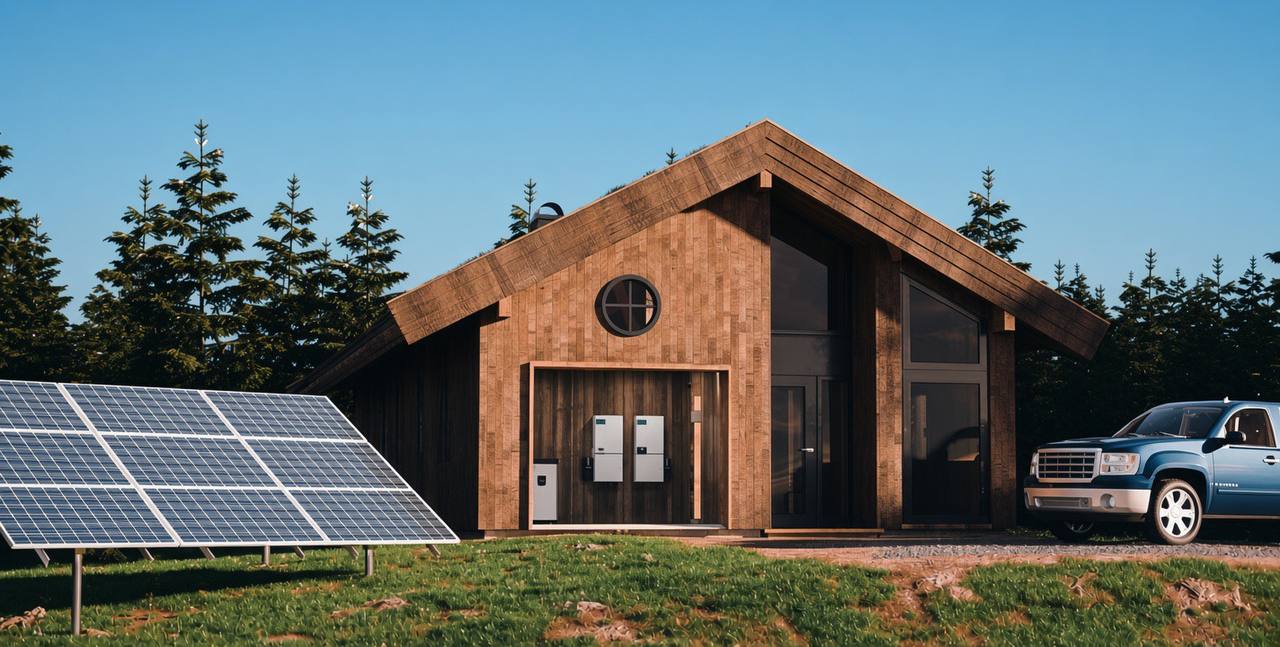 Timber home concept in a woodland setting with ground-mounted solar panels
