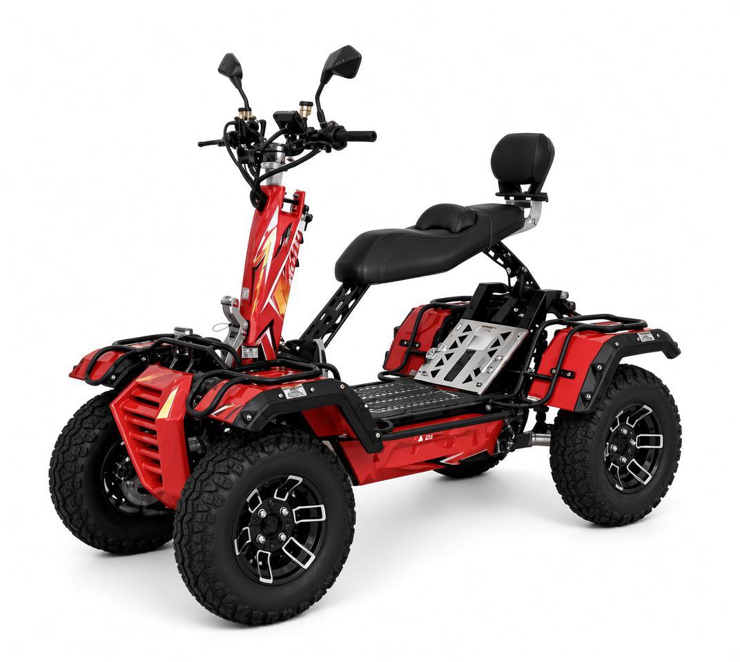 Red four-wheel mobility vehicle with a black seat and front and rear racks