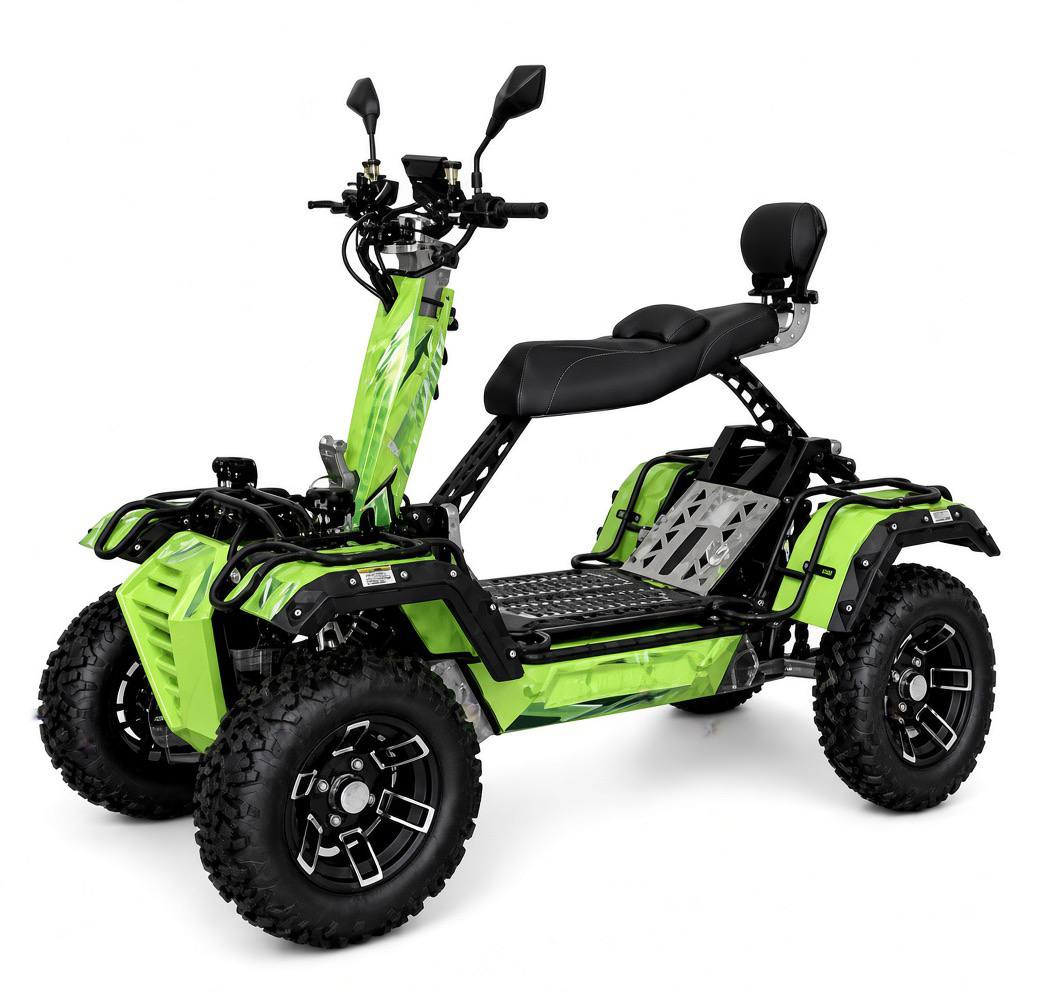 Green four-wheel mobility vehicle with a black seat, mirrors and wide tyres