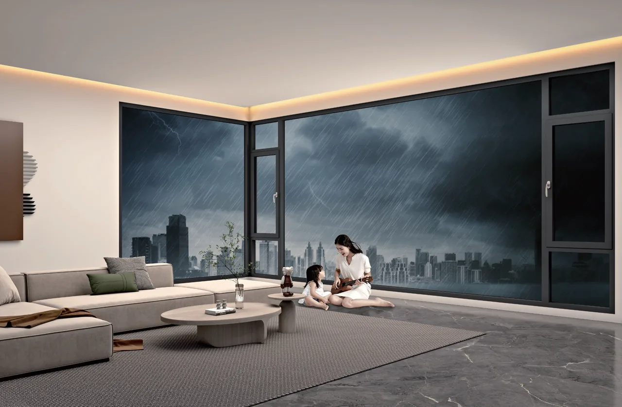 Living room with large aluminium-framed windows