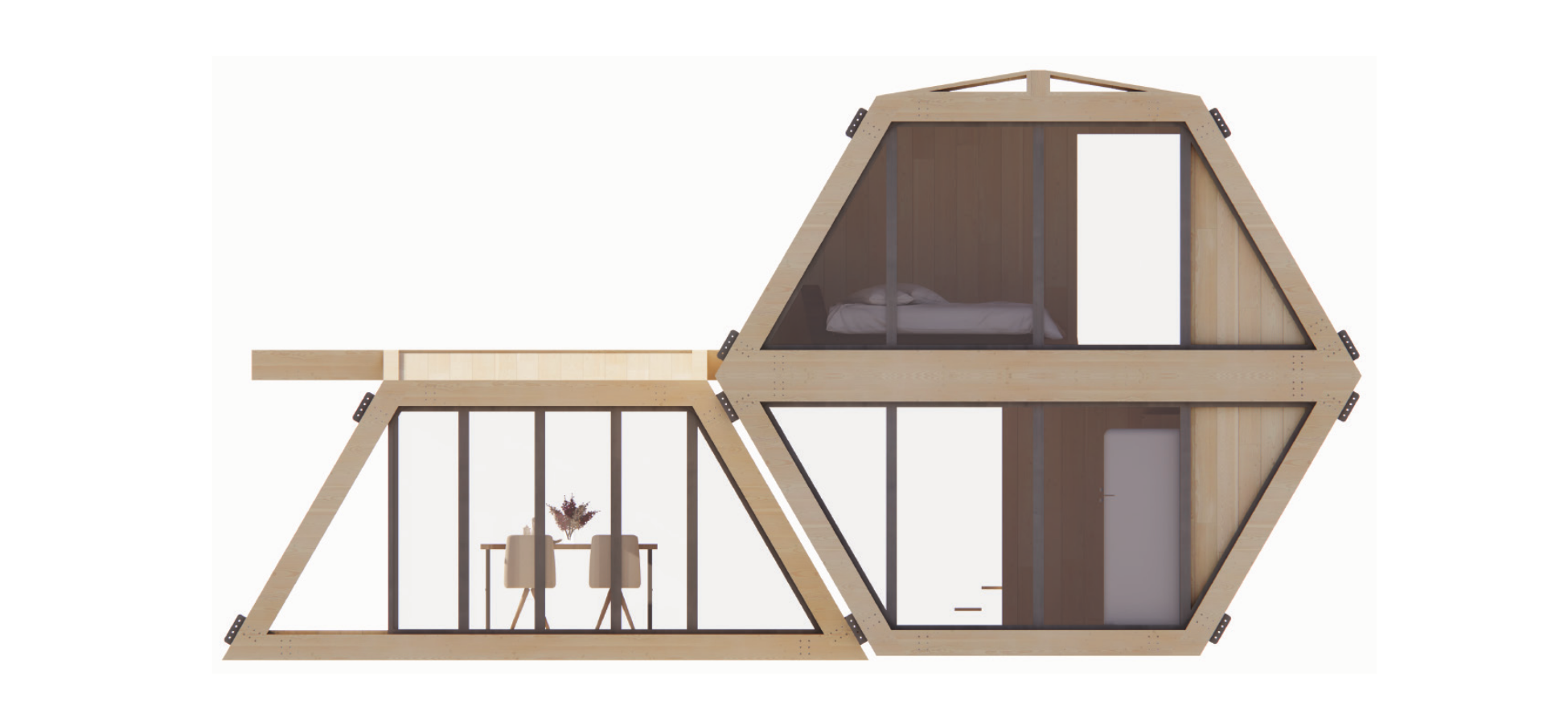 Perspective render of a hexagonal modular home